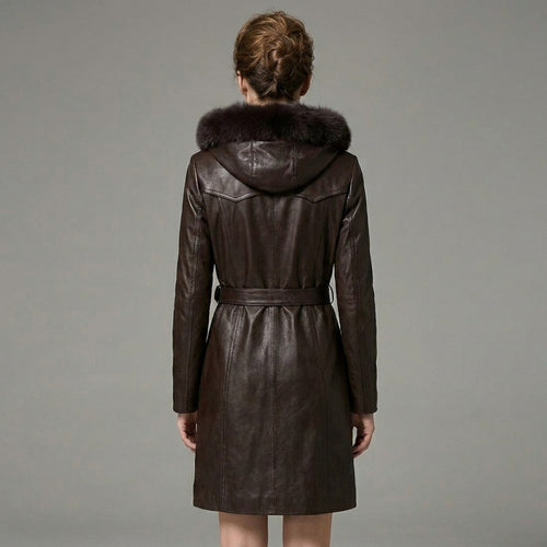 Dark Brown Women’s Fur Hooded Leather Winter Coat