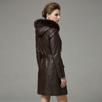 Dark Brown Women’s Fur Hooded Leather Winter Coat