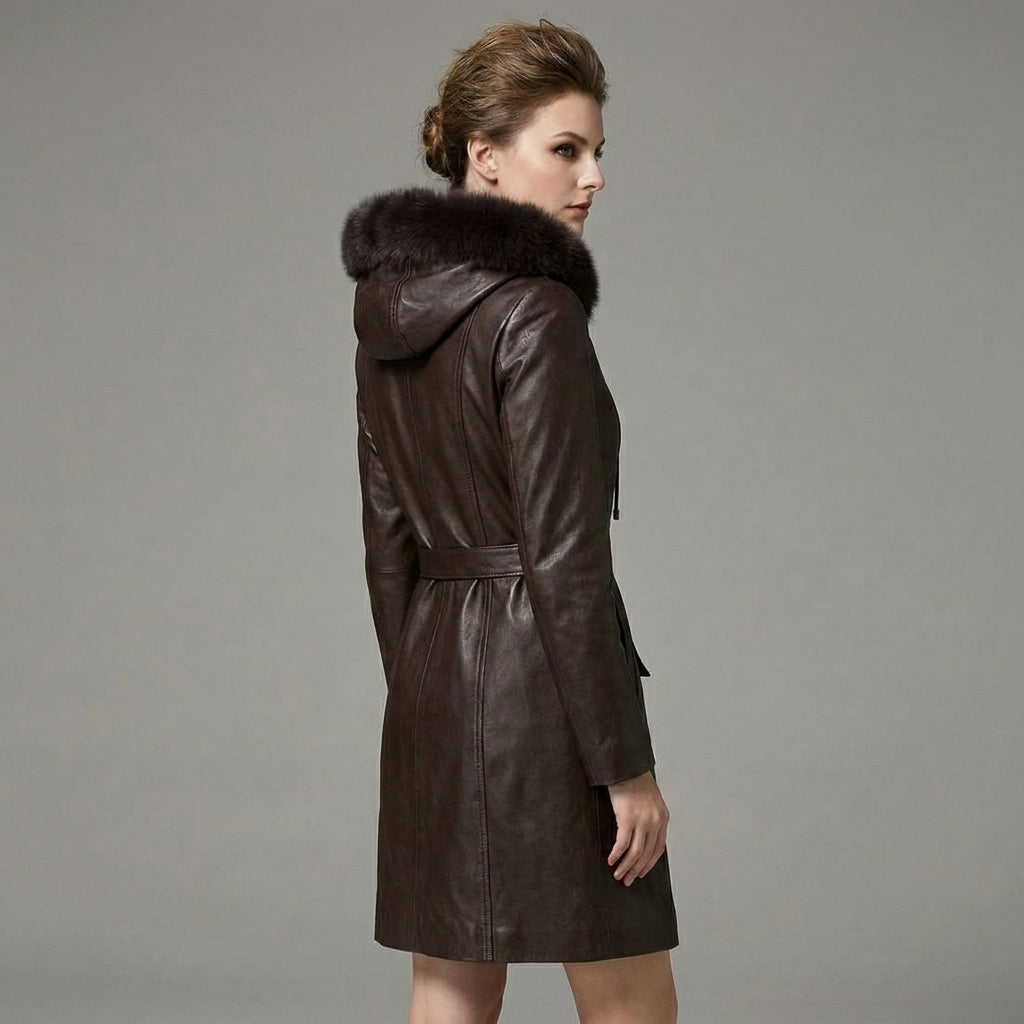 Dark Brown Women’s Fur Hooded Leather Winter Coat