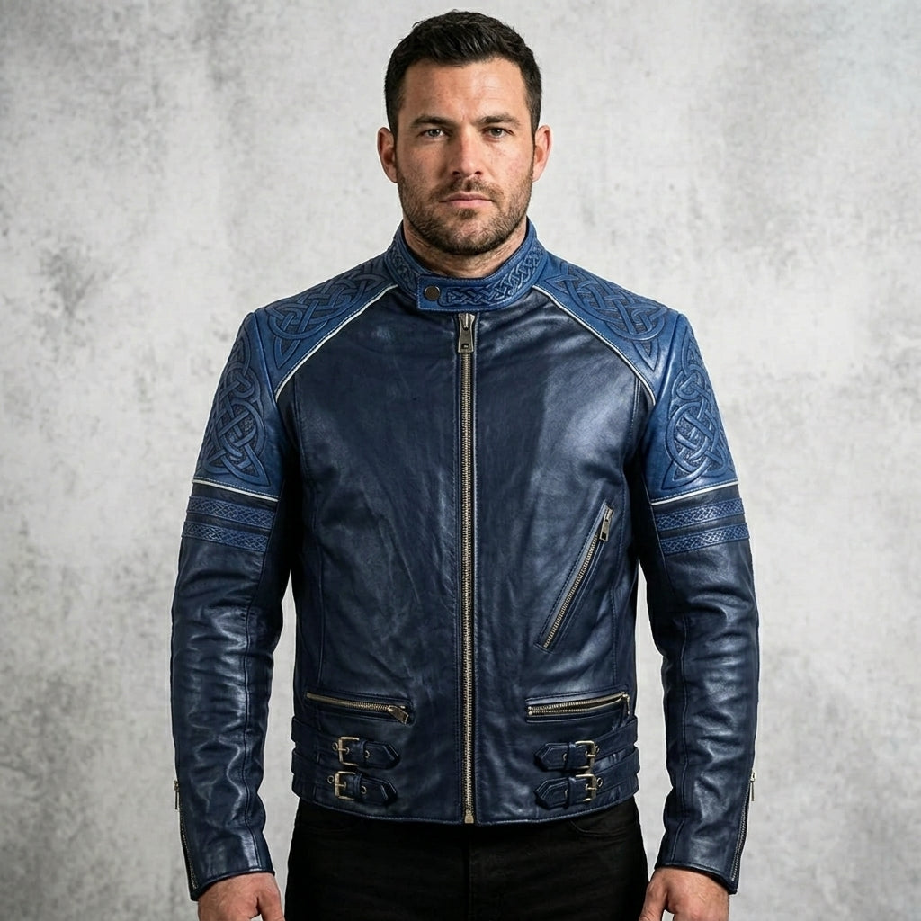 Men’s Black & Blue Biker Leather Jacket – Slim Fit Moto Style