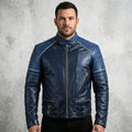 Men’s Black & Blue Biker Leather Jacket – Slim Fit Moto Style