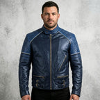 Men’s Black & Blue Biker Leather Jacket – Slim Fit Moto Style