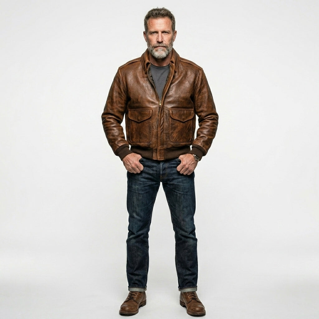 Men’s Brown A-2 Pilot Leather Jacket – Classic Military Flight Bomber Style