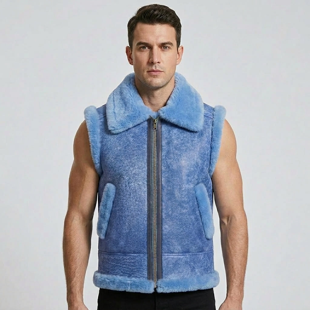 Men’s Blue Sheepskin Shearling Leather Vest – Premium Winter Gilet