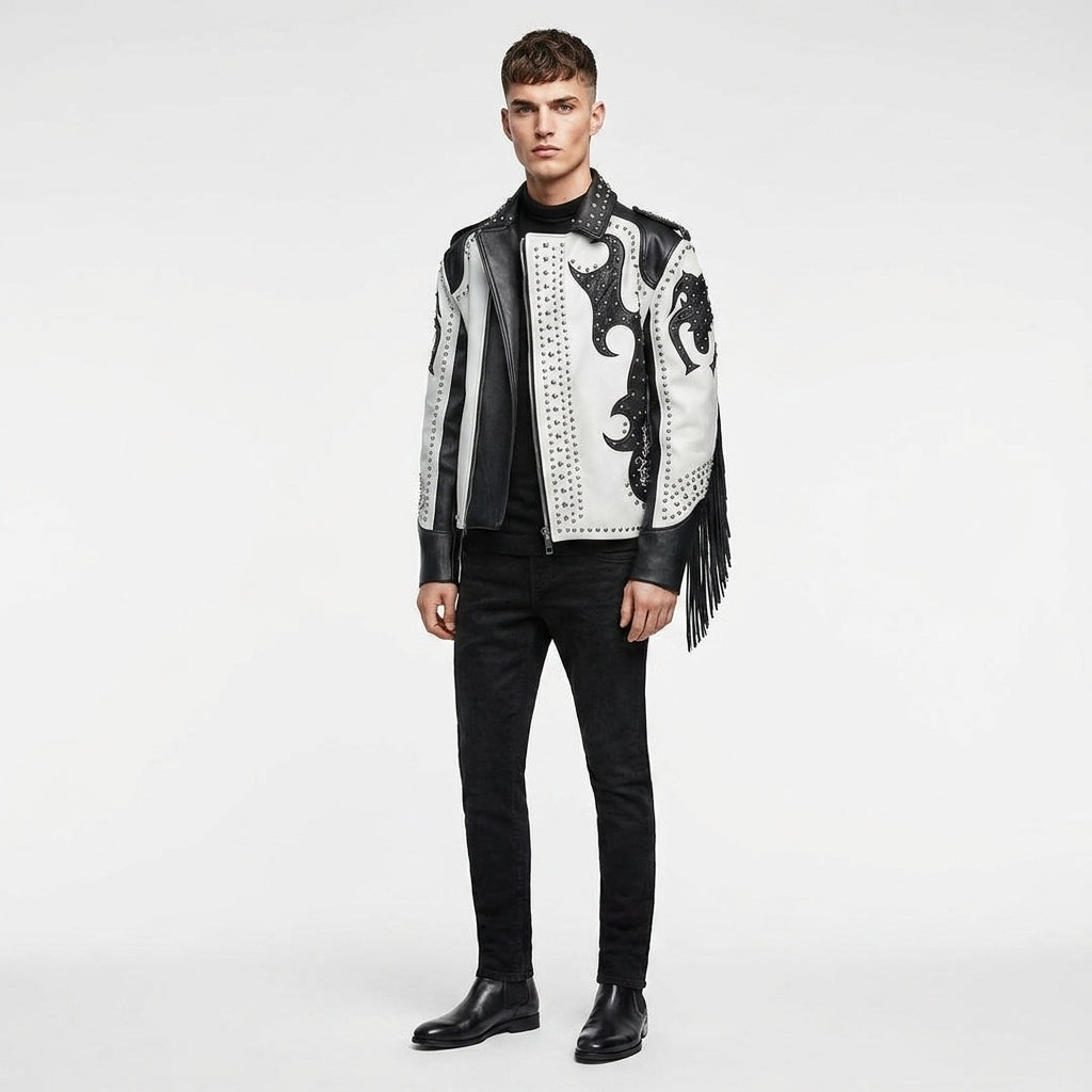 Men’s Black & White Studded Cowboy Leather Jacket