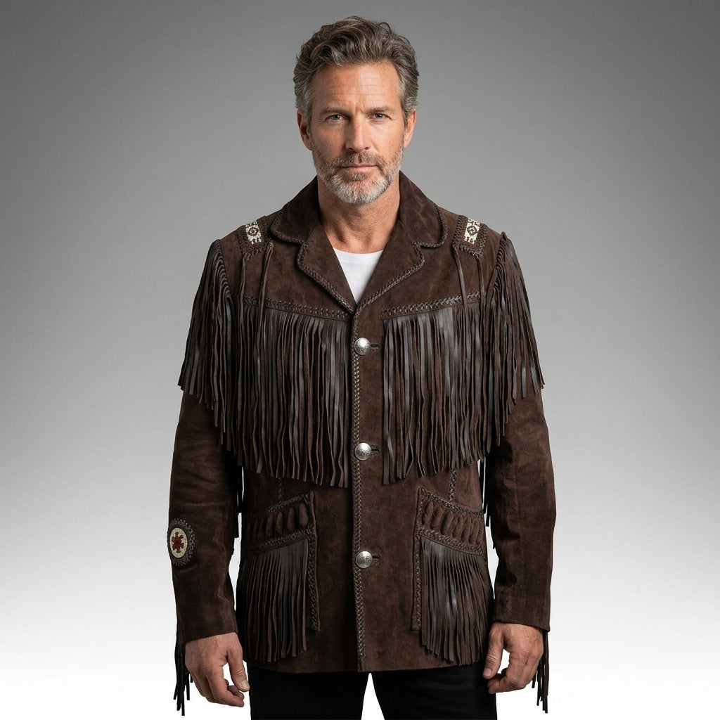 Men’s Brown Suede Fringe Jacket with Beads