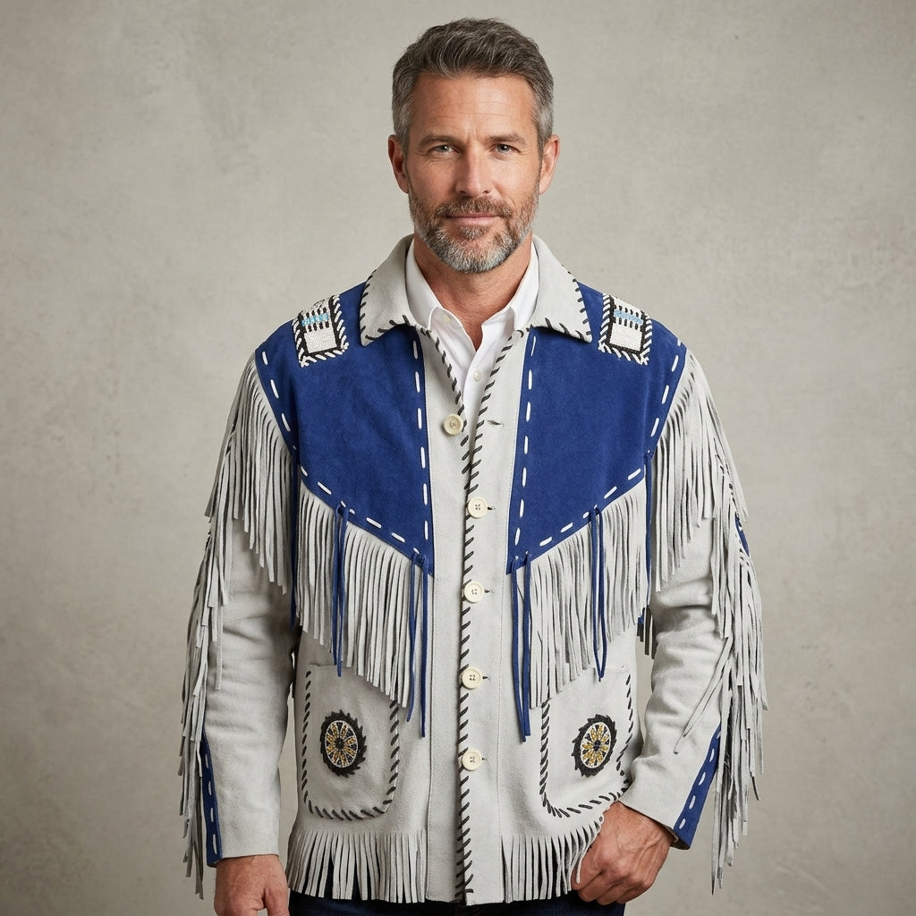 Men’s White & Blue Suede Cowboy Leather Jacket
