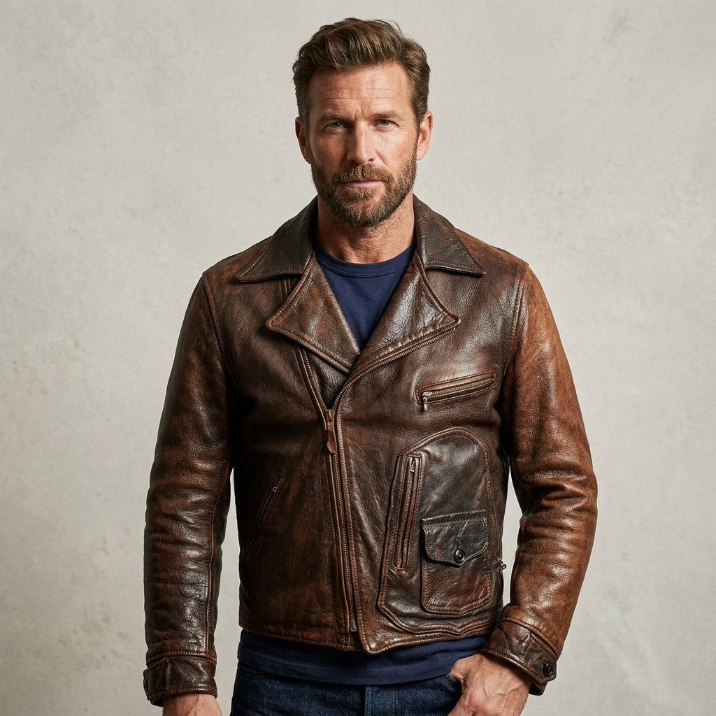 Men’s Vintage D-Pocket Waxed Distressed Leather Jacket