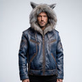 Men’s Blue Wolf Ear Leather Jacket with Fur Hood