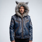 Men’s Blue Wolf Ear Leather Jacket with Fur Hood