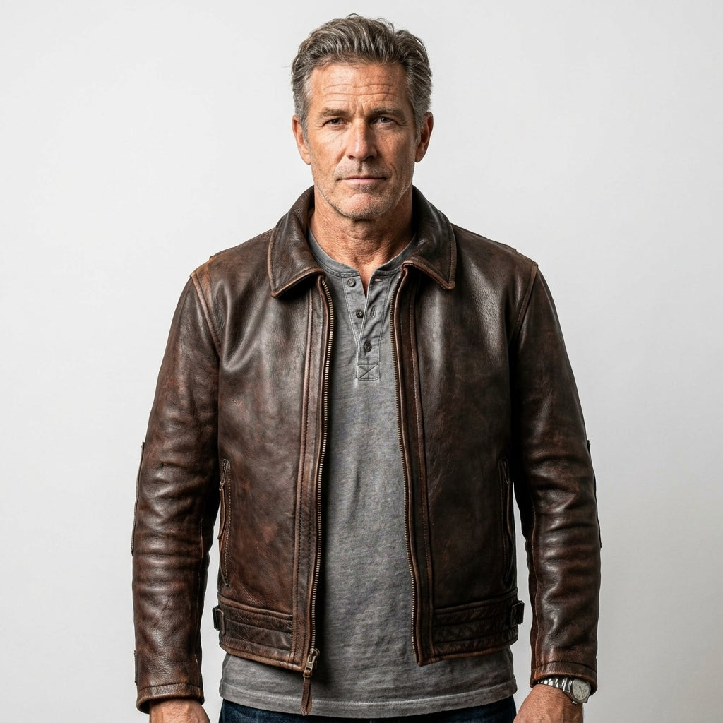 Men’s Distressed Brown Cafe Racer Leather Jacket –