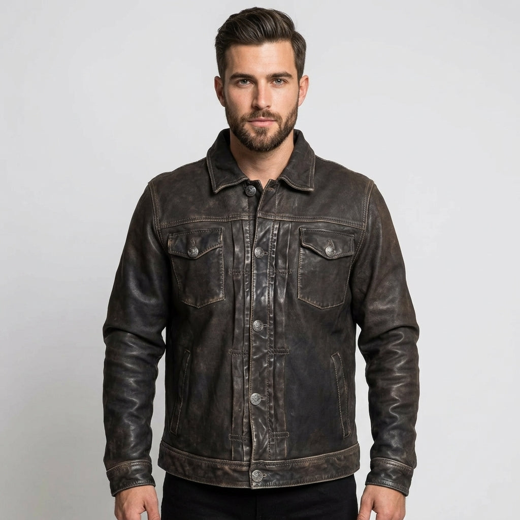 Men’s Distressed Leather Trucker Jacket