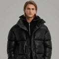 Men’s Black Faux Leather Puffer Jacket with High Neck Collar
