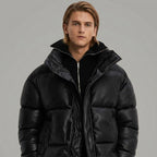 Men’s Black Faux Leather Puffer Jacket with High Neck Collar