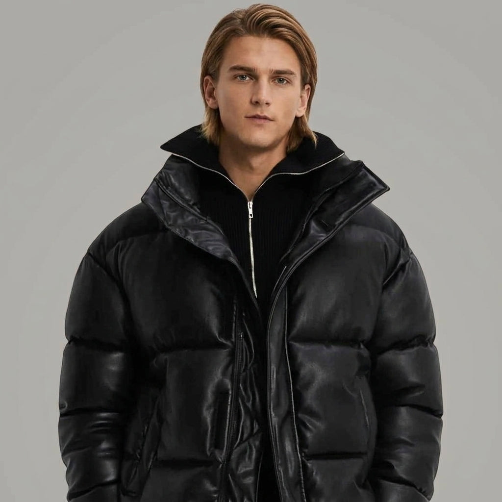 Men’s Black Faux Leather Puffer Jacket with High Neck Collar