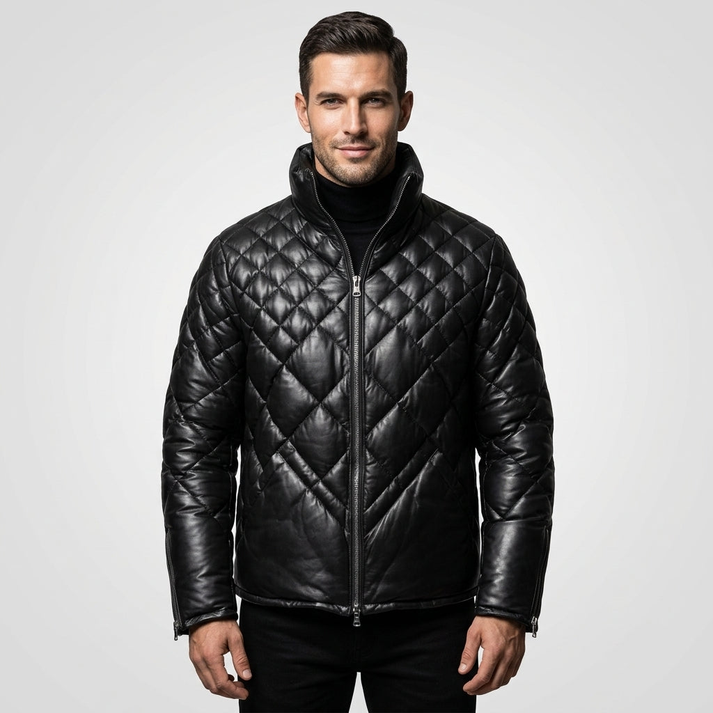 Men’s Black Lambskin Leather Puffer Jacket