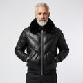 Men’s Black Leather V-Bomber Jacket with Fur Collar