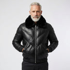 Men’s Black Leather V-Bomber Jacket with Fur Collar