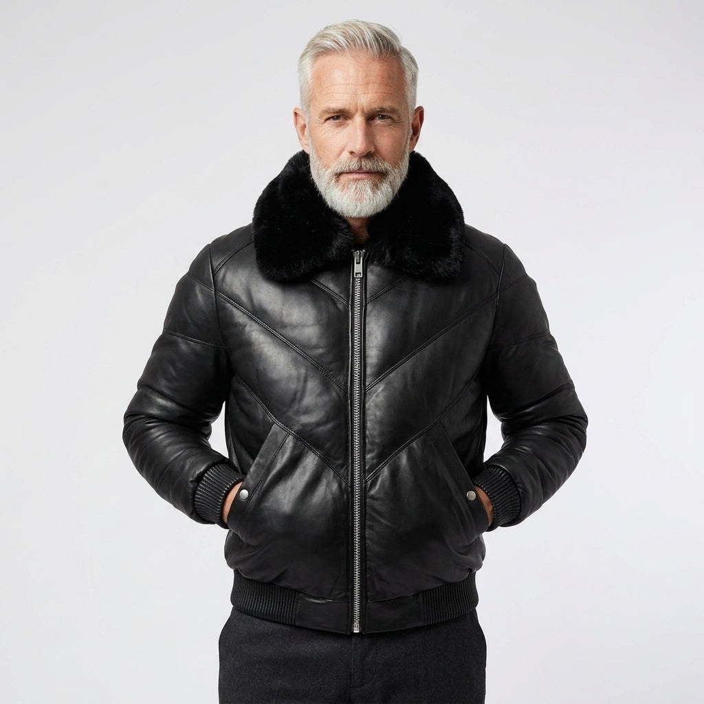 Men’s Black Leather V-Bomber Jacket with Fur Collar