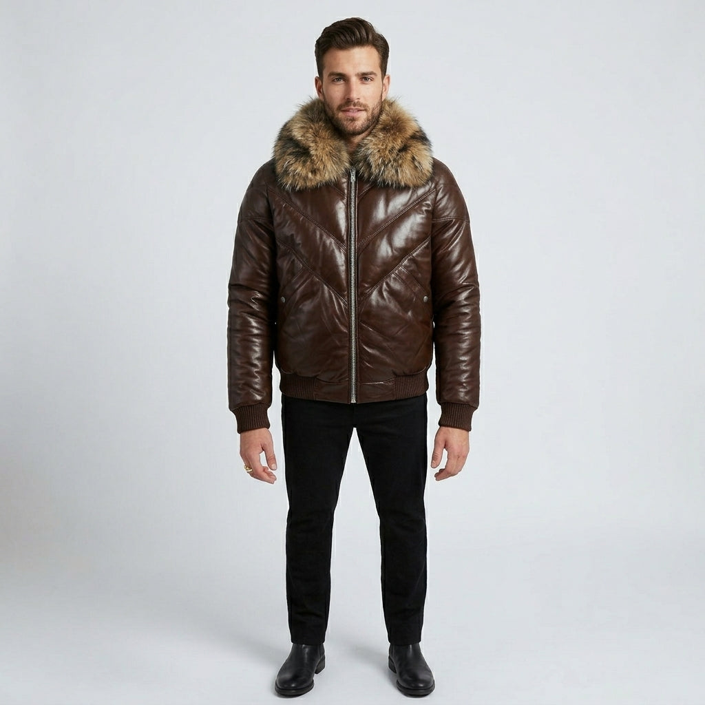 Men’s Dark Brown V-Bomber Leather Jacket