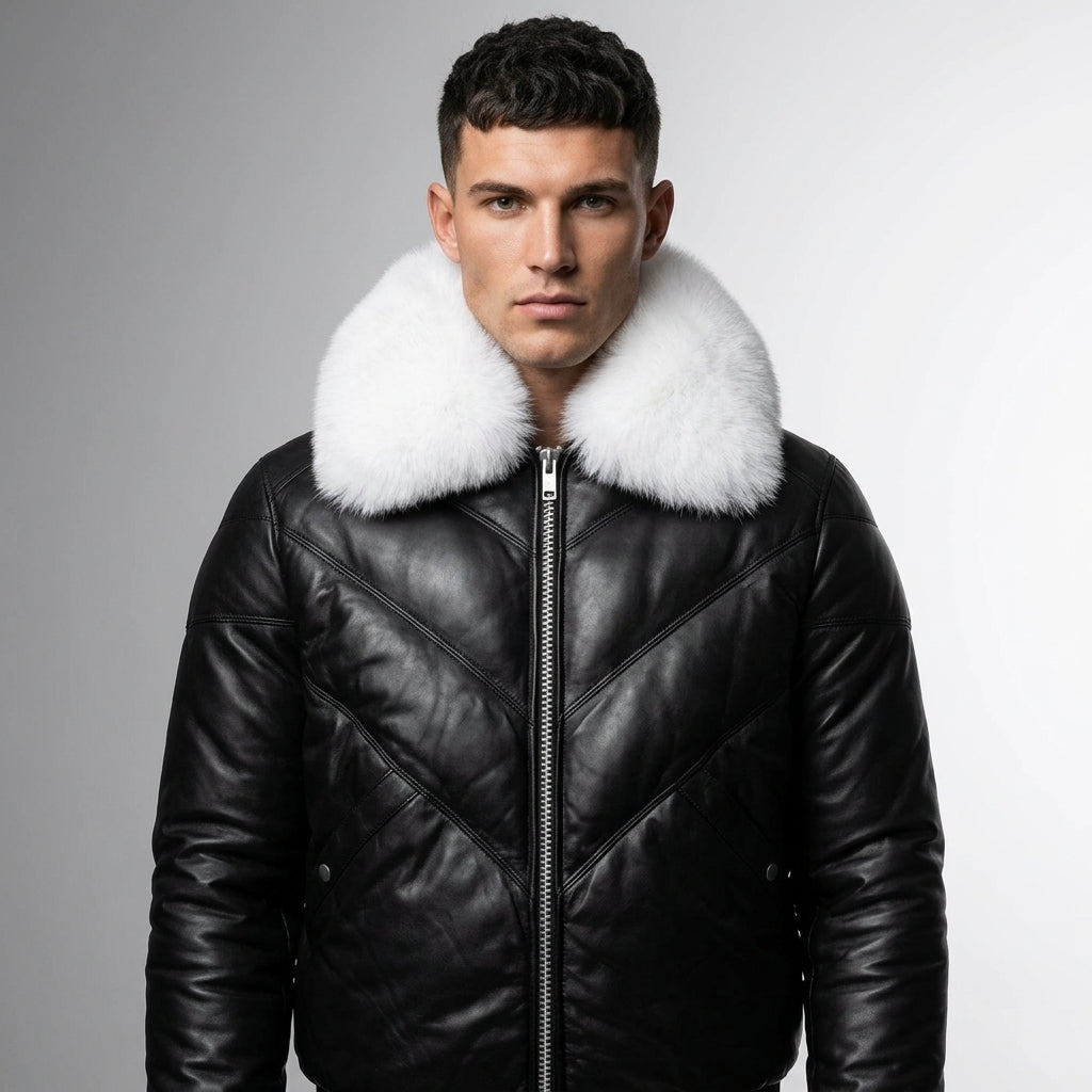 Men’s Iconic Black V-Bomber Leather Jacket with Fur Collar