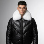 Men’s Iconic Black V-Bomber Leather Jacket with Fur Collar