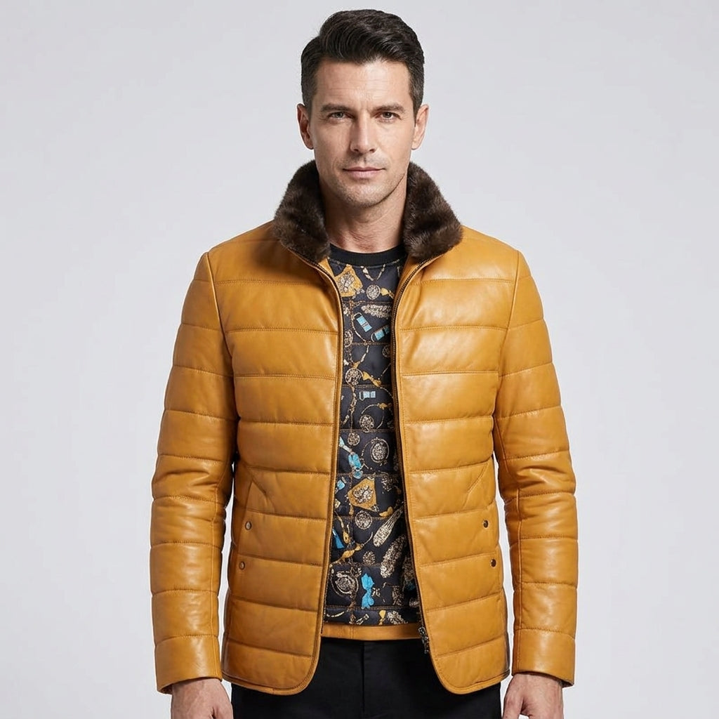 Men’s Leather Down Jacket Coat with Mink Fur Collar