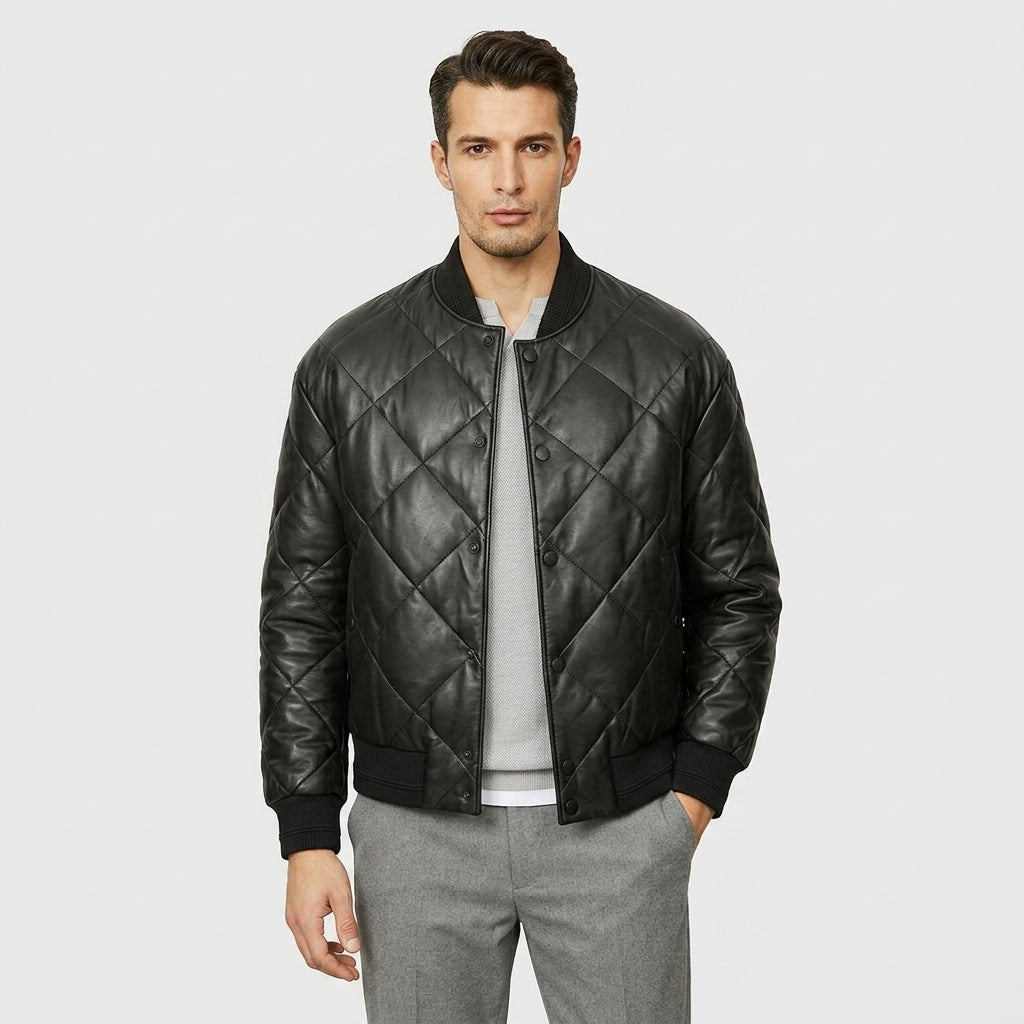 Men’s Quilted Lambskin Leather Jacket with Down Filling