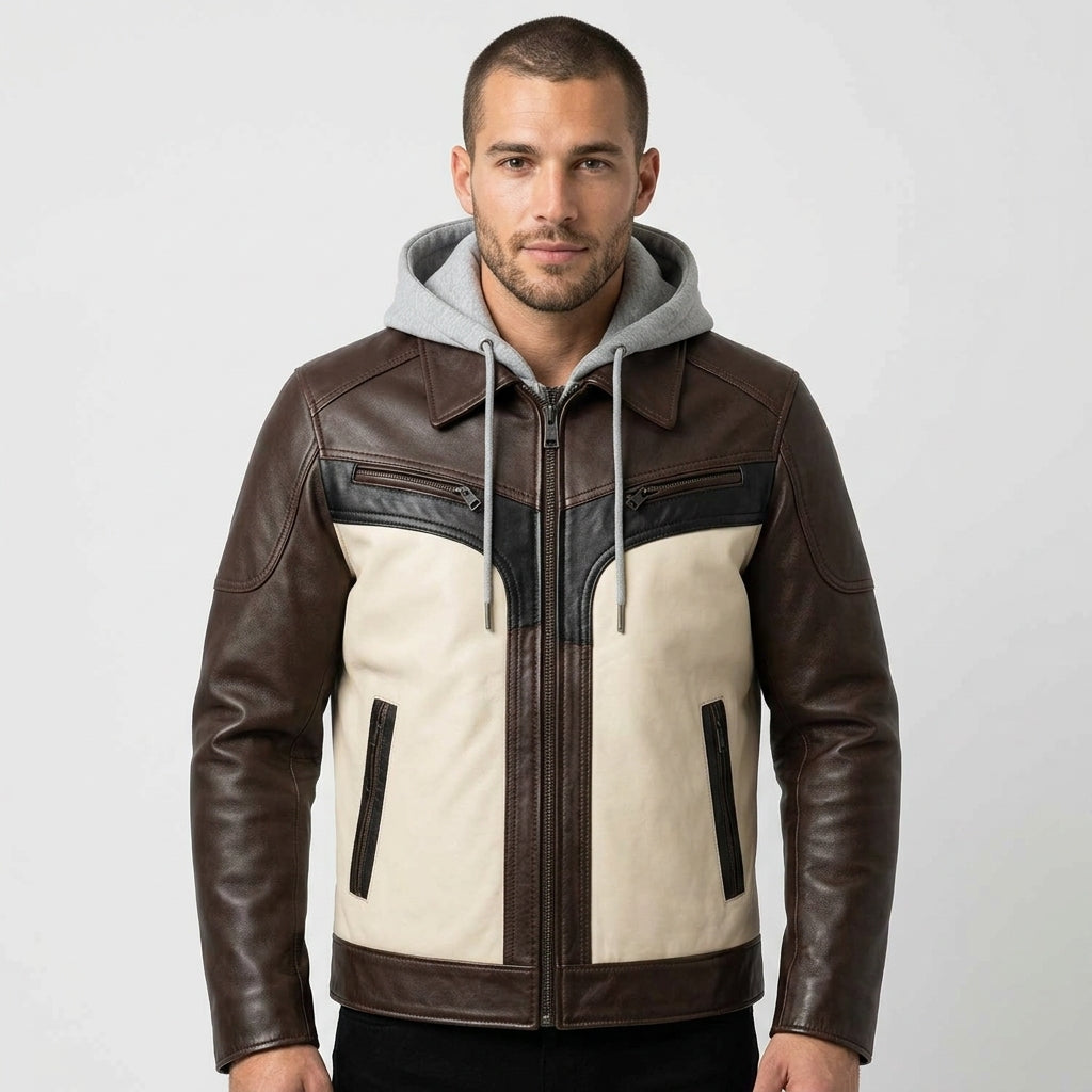 Men’sTwo-Tone Leather Moto Jacket with Hoodie