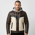 Men’sTwo-Tone Leather Moto Jacket with Hoodie