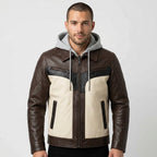 Men’sTwo-Tone Leather Moto Jacket with Hoodie