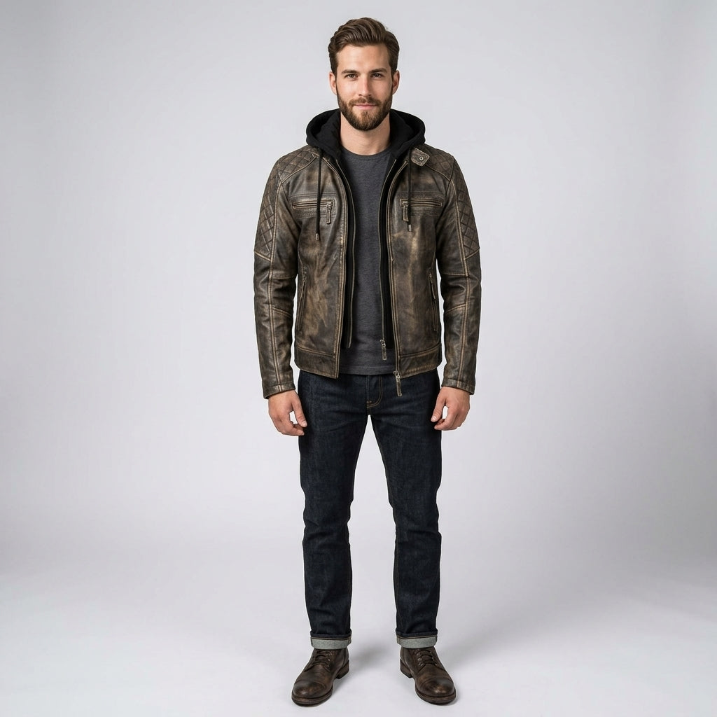 Men’s Vintage Hooded Leather Biker Jacke