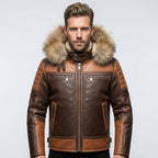 Men’s Sheepskin Leather Biker Jacket with Fur Hood