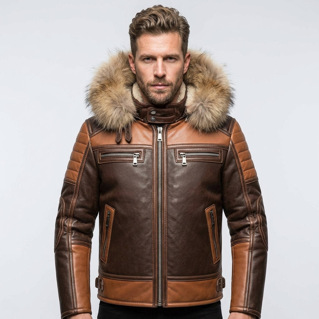 Men’s Sheepskin Leather Biker Jacket with Fur Hood
