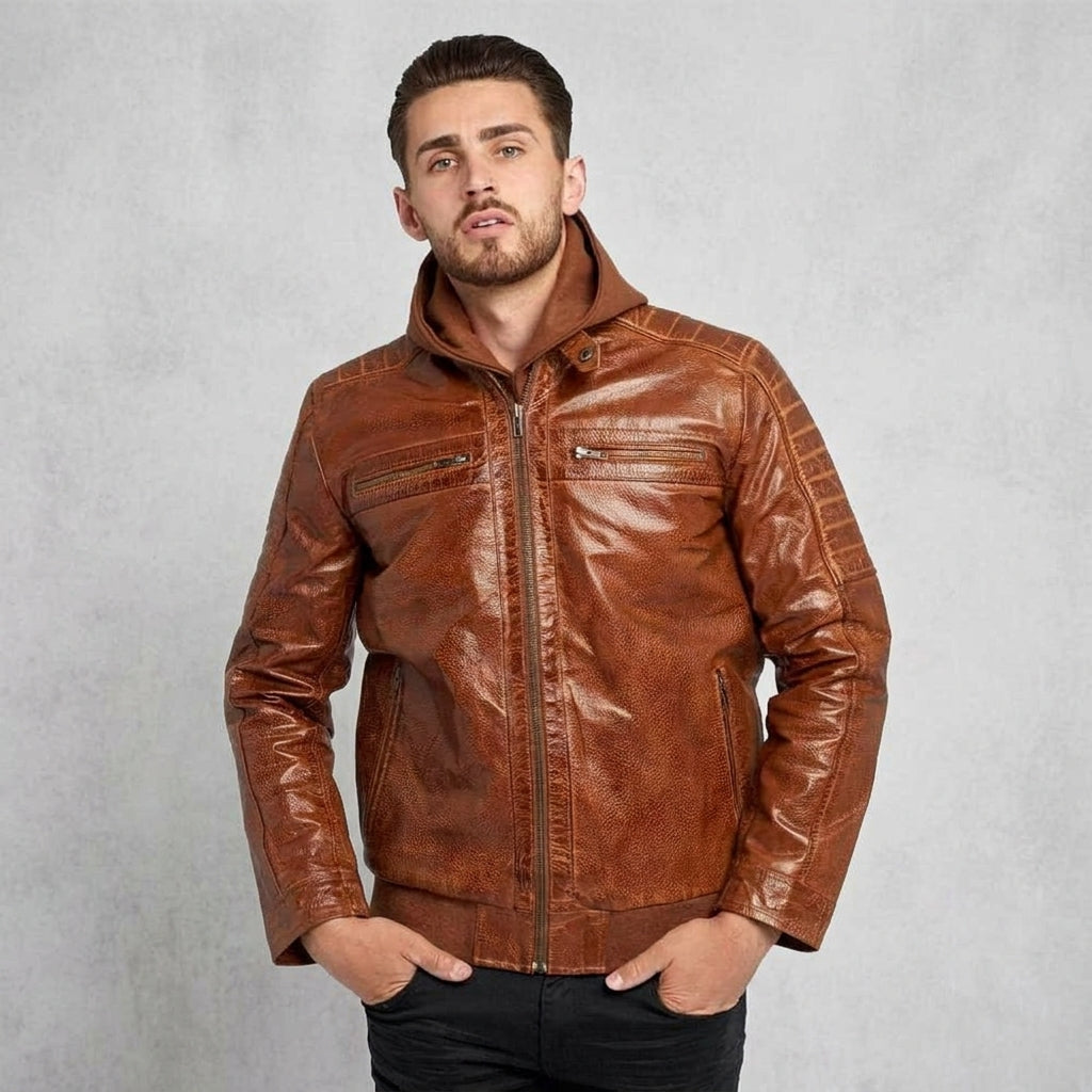 Men’s Waxed Brown Hooded Leather Jacket