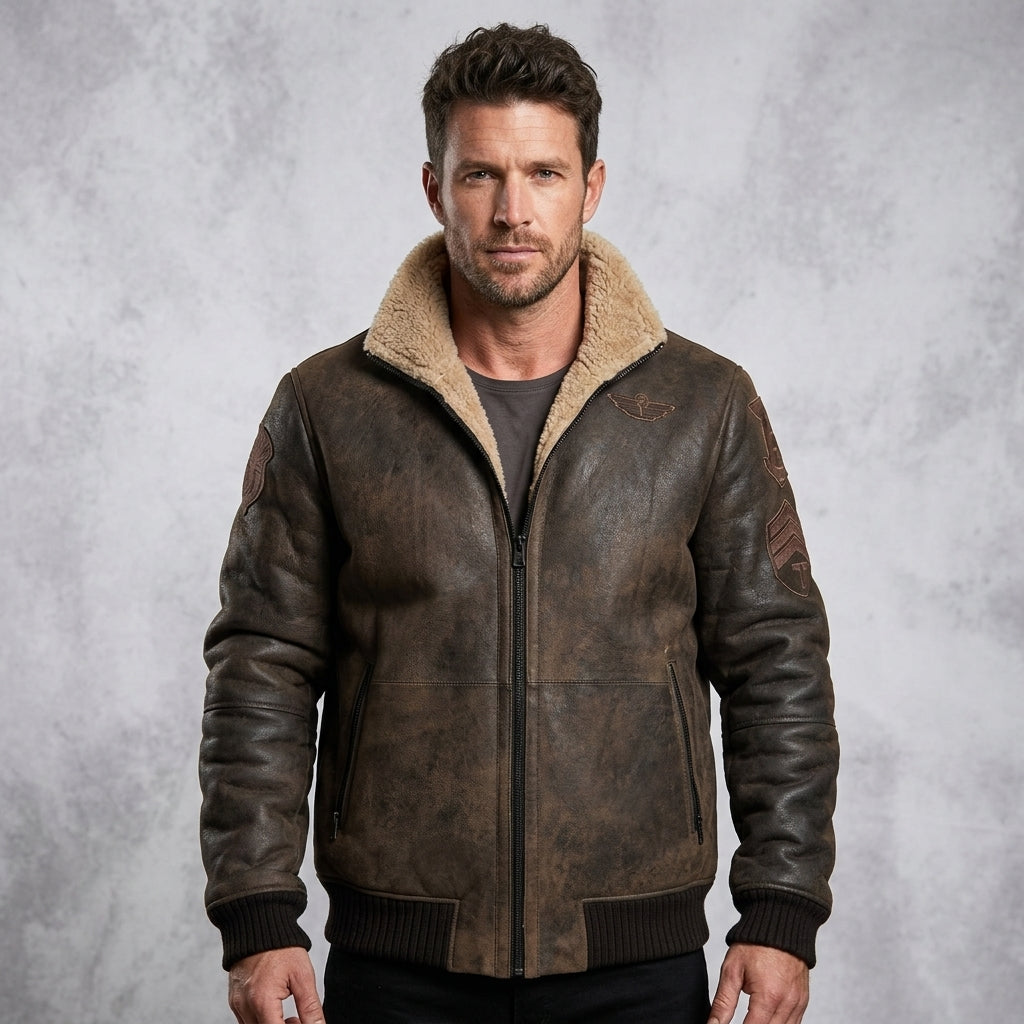 Men’s B3 RAF Aviator Brown Bomber Leather Jacket with Fur