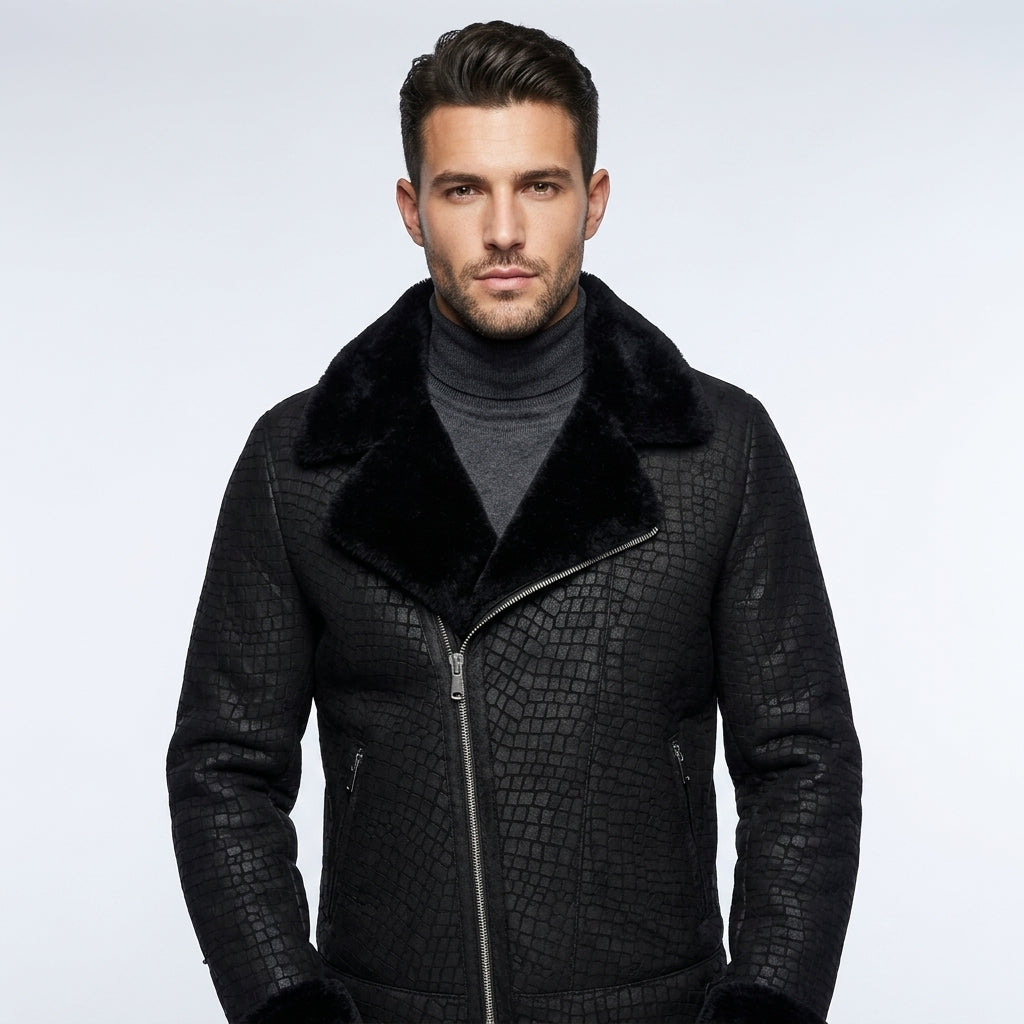Men’s Black Crocodile Print Sheepskin Fur Leather Coat