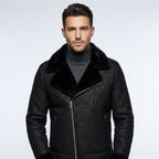 Men’s Black Crocodile Print Sheepskin Fur Leather Coat