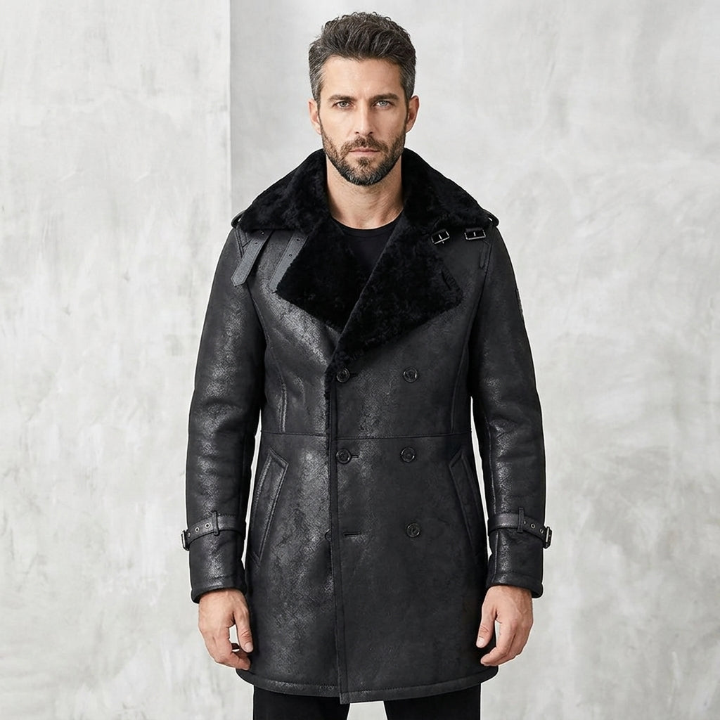 Men’s Black Shearling Long Trench Coat