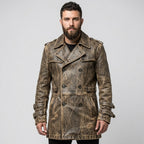 Men’s Distressed Brown Leather Trench Coat