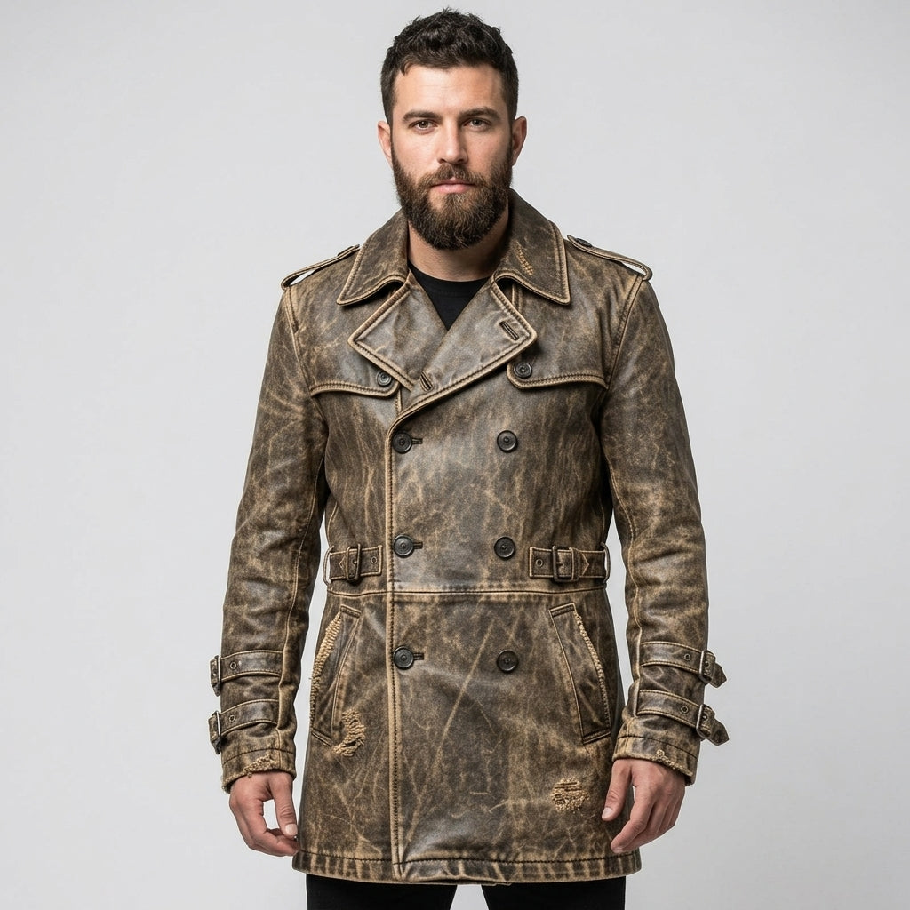 Men’s Distressed Brown Leather Trench Coat