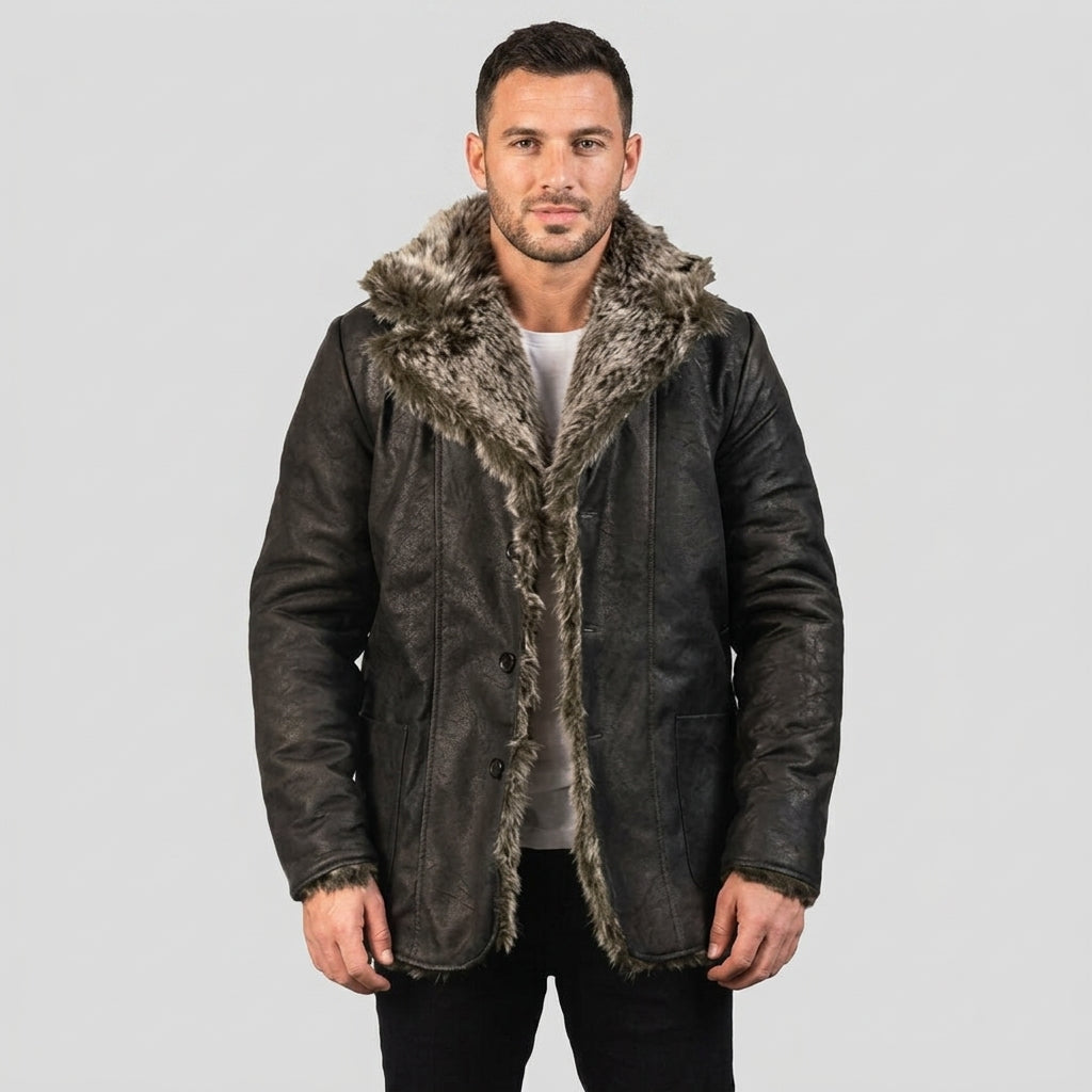 Men’s Leather Trench Coat with Long Fur