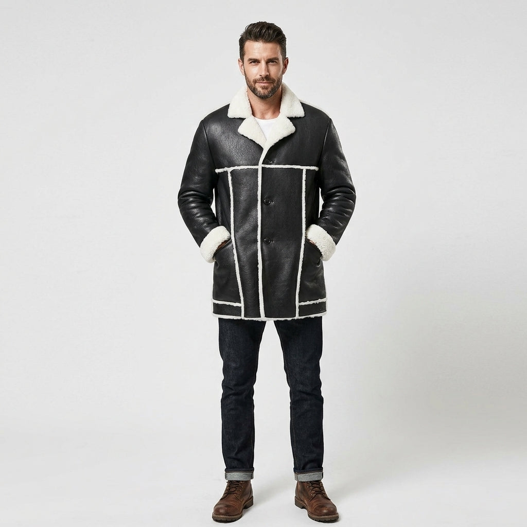 Men’s Long Sheepskin Shearling Trench Jacket