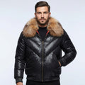 Men’s Black Bubble V-Bomber Leather Jacket – Quilted Winter Street Style