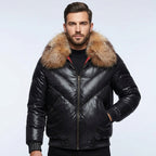 Men’s Black Bubble V-Bomber Leather Jacket – Quilted Winter Street Style