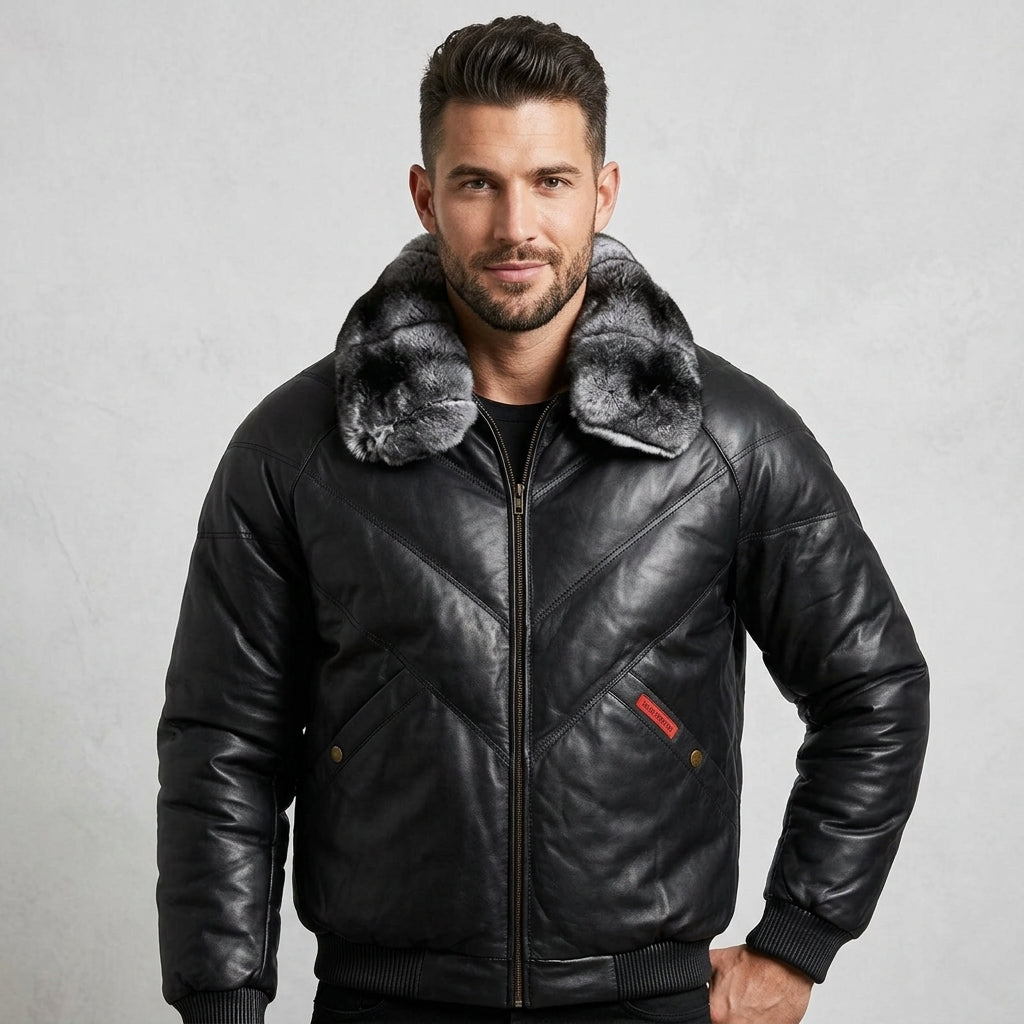 Men’s Black V-Bomber Leather Jacket