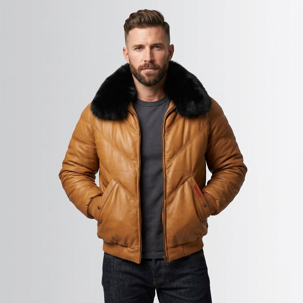Men’s Brown V-Bomber Leather Jacket – Classic Quilted Outerwear Bomber