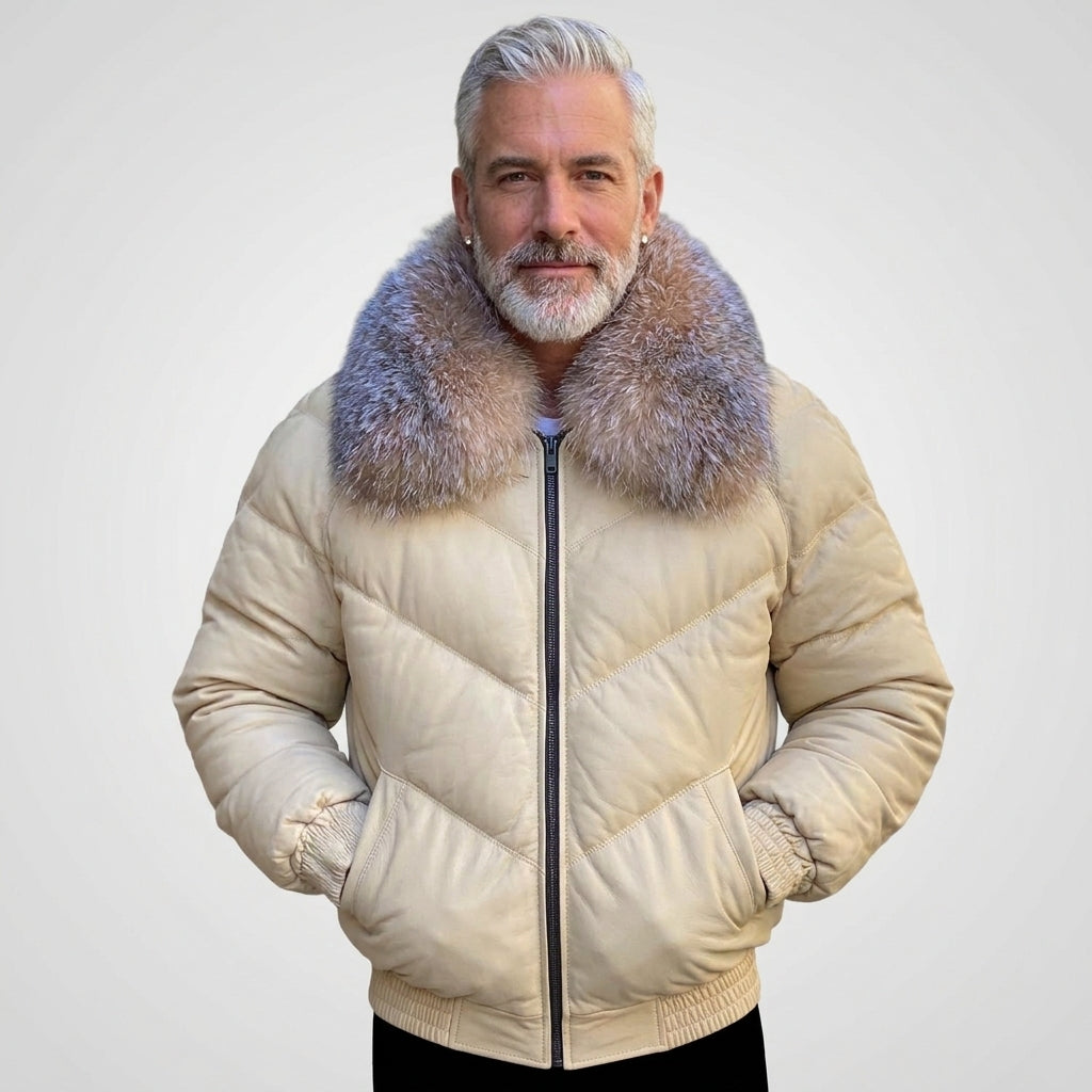 Men’s Cream V-Bomber Jacket – Quilted Leather Street Style