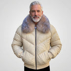 Men’s Cream V-Bomber Jacket – Quilted Leather Street Style