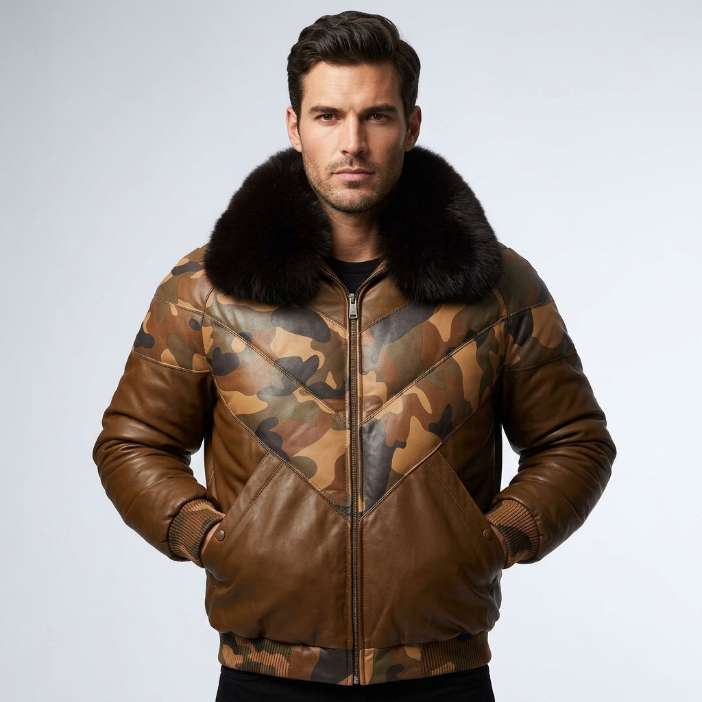 Men’s Shearling Collar Leather Jacket – V-Bomber Aviator Style